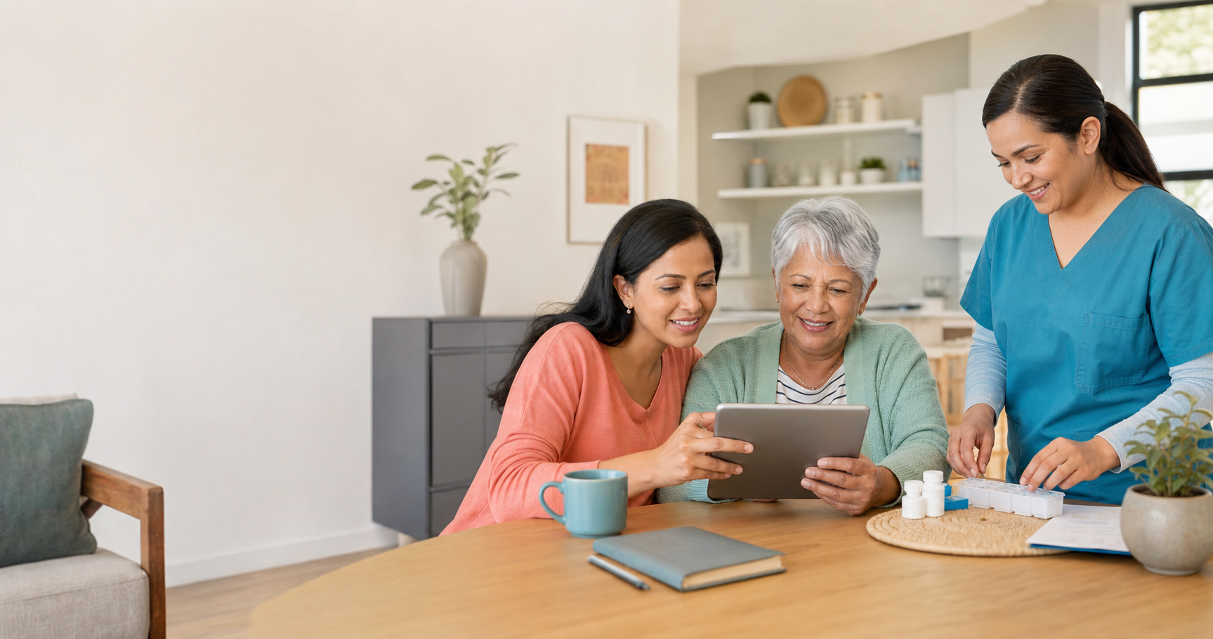 Family and caregiver coordinating elder care together